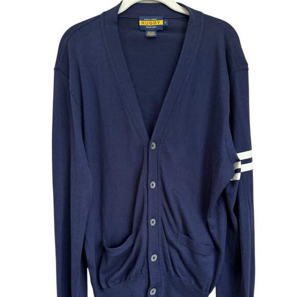 Ralph Lauren Rugby navy cotton cardigan double white stripe on sleeve Sz L - Picture 1 of 8